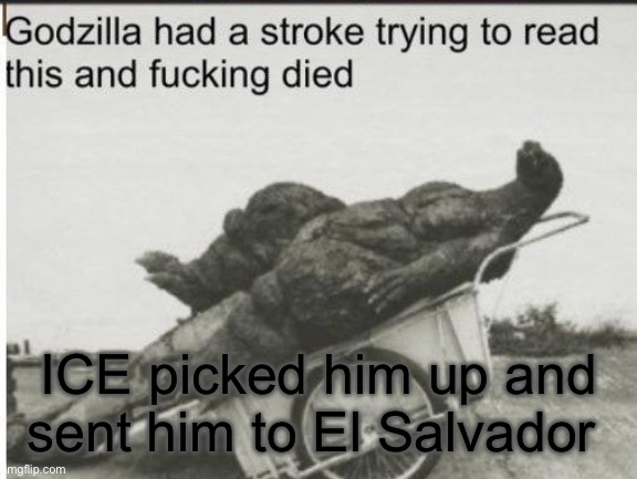 Godzilla | ICE picked him up and sent him to El Salvador | image tagged in godzilla | made w/ Imgflip meme maker