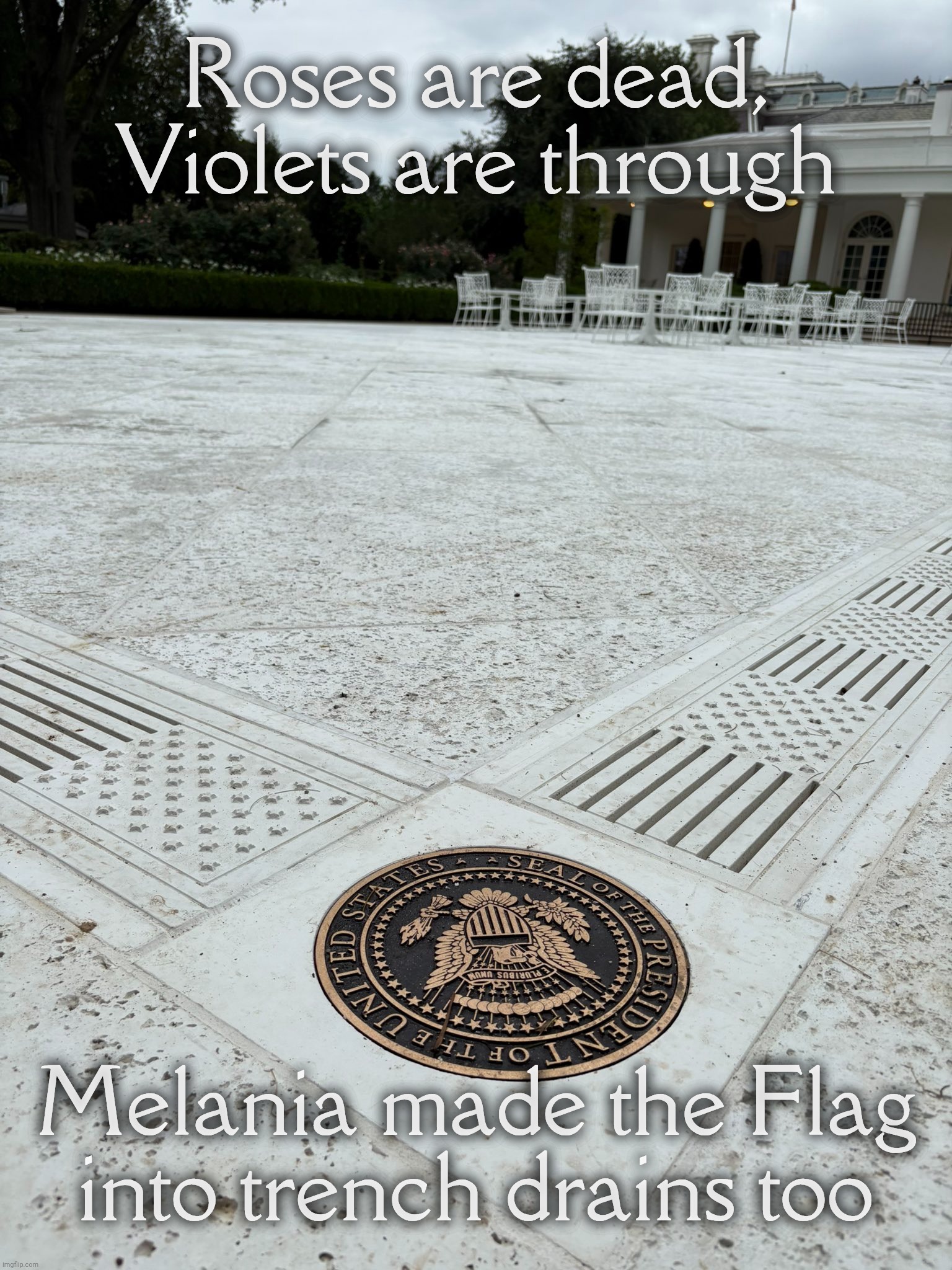 I Never Promised You a Rose Garden: Turning the Flag into pavement gutter coverings | Roses are dead,
Violets are through; Melania made the Flag
into trench drains too | image tagged in white house rose garden,wrecked and redone,by a former illegal alien,foreigners destroy,communist destroy,the irony | made w/ Imgflip meme maker