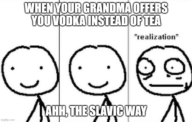Realization | WHEN YOUR GRANDMA OFFERS YOU VODKA INSTEAD OF TEA; AHH, THE SLAVIC WAY | image tagged in realization,slavic lives matter,slm | made w/ Imgflip meme maker