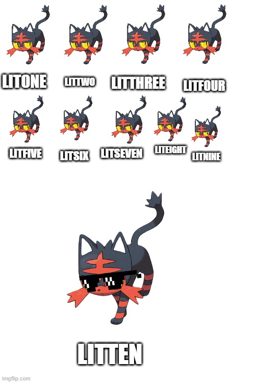 Counting with Litten | LITONE; LITFOUR; LITTHREE; LITTWO; LITEIGHT; LITFIVE; LITSIX; LITSEVEN; LITNINE; LITTEN | image tagged in blank white template,pokemon,litten | made w/ Imgflip meme maker