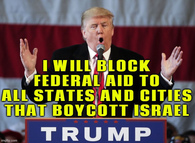 Trump Will Block Federal Aid To All States And Cities That Boycott Israel | I WILL BLOCK
FEDERAL AID TO
ALL STATES AND CITIES
THAT BOYCOTT ISRAEL | image tagged in make america great again,donald trump,israel,palestine,boycott,genocide | made w/ Imgflip meme maker