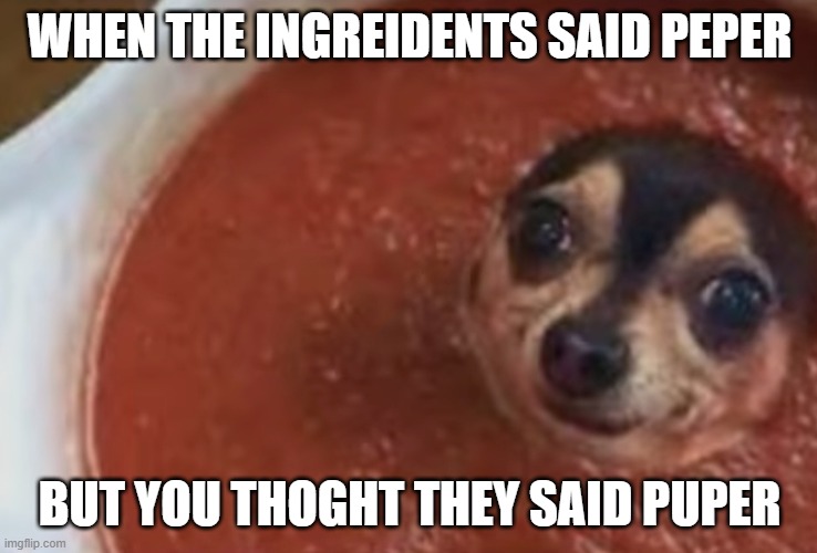 why do the ingredients say puper | WHEN THE INGREIDENTS SAID PEPER; BUT YOU THOGHT THEY SAID PUPER | image tagged in dog sauce,cooking | made w/ Imgflip meme maker