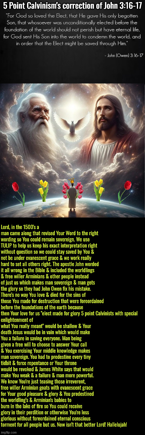 The 5 Point "Correction" Of John 3:16-17 | 5 Point Calvinism's correction of John 3:16-17; Lord, in the 1500's a man came along that revised Your Word to the right wording so You could remain sovereign. We use TULIP to help us keep his exact interpretation right without question so we could stay saved by You & not be under evanescent grace & we work really hard to set all others right. The apostle John worded it all wrong in the Bible & included the worldlings & free willer Arminians & other people instead of just us which makes man sovereign & man gets the glory so they had John Owen fix his mistake. There's no way You love & died for the sins of those You made for destruction that were foreordained before the foundations of the earth because then Your love for us "elect made for glory 5 point Calvinists with special; enlightenment of what You really meant" would be shallow & Your death Jesus would be in vain which would make You a failure in saving everyone. Man being given a free will to choose to answer Your call & You exercising Your middle knowledge makes man sovereign. You had to predestine every tiny tidbit & force repentance or Your throne would be revoked & James White says that would make You weak & a failure & man more powerful. We know You're just teasing those irreverent, free willer Arminian goats with evanescent grace for Your good pleasure & glory & You predestined the worldling's & Arminian's babies to burn in the lake of fire so You could receive glory in their perdition or otherwise You're less glorious without foreordained eternal conscious torment for all people but us. Now isn't that better Lord! Hallelujah! | image tagged in calvinism,arminian,molinism,reformed theology 5 point calvinists,superior royalty,tulip peddlers | made w/ Imgflip meme maker