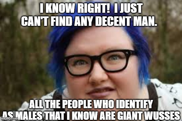 400 lb blue haired ham planet | I KNOW RIGHT!  I JUST CAN'T FIND ANY DECENT MAN. ALL THE PEOPLE WHO IDENTIFY AS MALES THAT I KNOW ARE GIANT WUSSES | image tagged in 400 lb blue haired ham planet | made w/ Imgflip meme maker