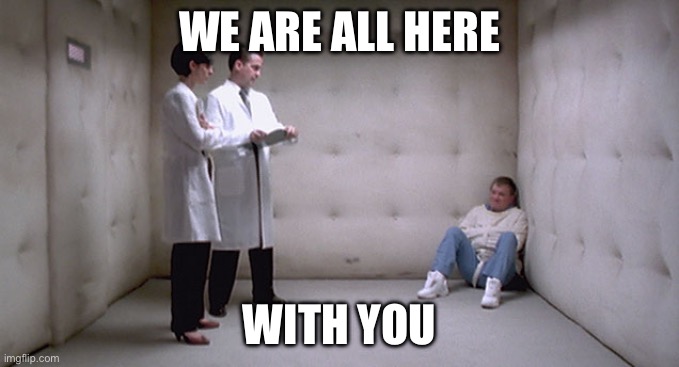 Strait Jacket Padded Room | WE ARE ALL HERE; WITH YOU | image tagged in strait jacket padded room | made w/ Imgflip meme maker