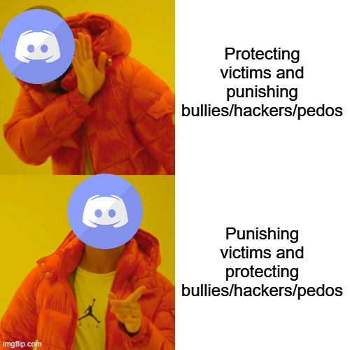 Discord Ban Policy | Protecting victims and punishing bullies/hackers/pedos; Punishing victims and protecting bullies/hackers/pedos | image tagged in memes,drake hotline bling | made w/ Imgflip meme maker