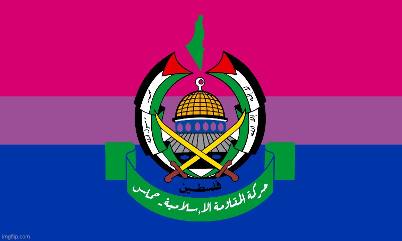 Bisexual Hamas flag ( I don’t endorse the movement or am I being anti LGBT again) | image tagged in bi flag,hamas,bisexual,palestine,dark humor,funny | made w/ Imgflip meme maker