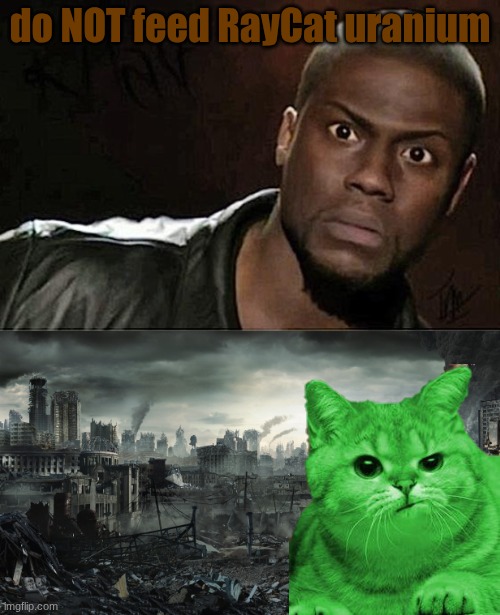 do NOT feed RayCat uranium | image tagged in memes,kevin hart,city destroyed | made w/ Imgflip meme maker