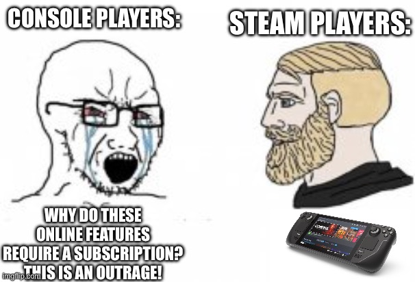 Console vs PC | STEAM PLAYERS:; CONSOLE PLAYERS:; WHY DO THESE ONLINE FEATURES REQUIRE A SUBSCRIPTION? THIS IS AN OUTRAGE! | image tagged in yes chad | made w/ Imgflip meme maker