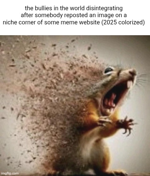 badass squirrel disintegrating | the bullies in the world disintegrating after somebody reposted an image on a niche corner of some meme website (2025 colorized) | image tagged in badass squirrel disintegrating | made w/ Imgflip meme maker