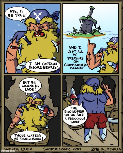 image tagged in swords,pirate,captain,treasure,island,swordfish | made w/ Imgflip meme maker