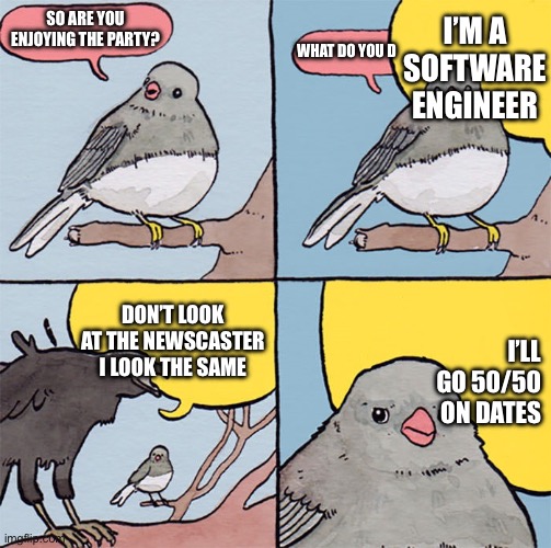 Interrupting bird | I’M A SOFTWARE ENGINEER; SO ARE YOU ENJOYING THE PARTY? WHAT DO YOU D; I’LL GO 50/50 ON DATES; DON’T LOOK AT THE NEWSCASTER I LOOK THE SAME | image tagged in interrupting bird | made w/ Imgflip meme maker