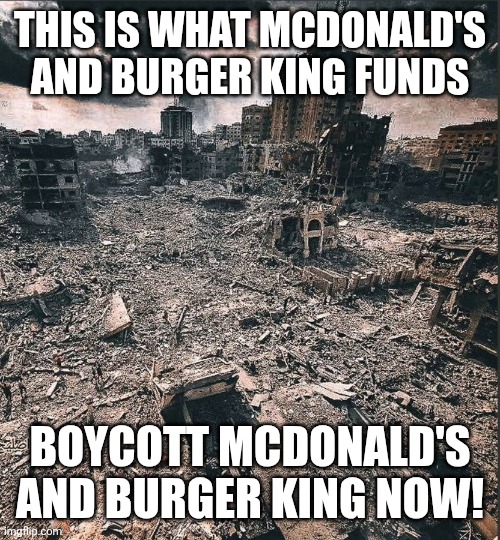 Gaza | THIS IS WHAT MCDONALD'S AND BURGER KING FUNDS; BOYCOTT MCDONALD'S AND BURGER KING NOW! | image tagged in gaza,memes,free palestine | made w/ Imgflip meme maker