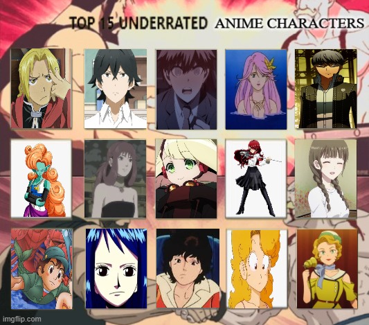 top 15 underrated anime characters | image tagged in top 15 underrated anime characters,anime,underrated,fullmetal alchemist,animeme,persona | made w/ Imgflip meme maker