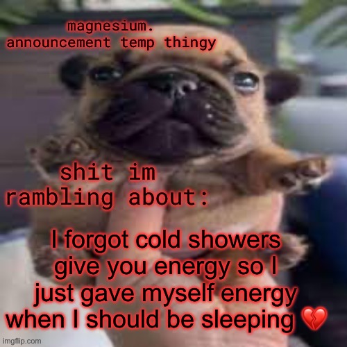 not energy persay more like the while to do something | I forgot cold showers give you energy so I just gave myself energy when I should be sleeping 💔 | image tagged in pug temp | made w/ Imgflip meme maker