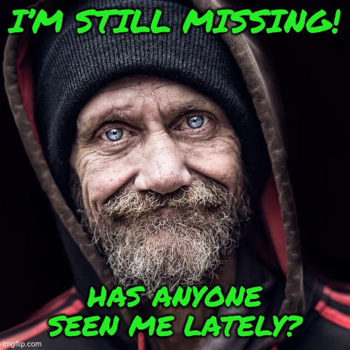 Street wise | I’M STILL MISSING! HAS ANYONE SEEN ME LATELY? | image tagged in homeless | made w/ Imgflip meme maker