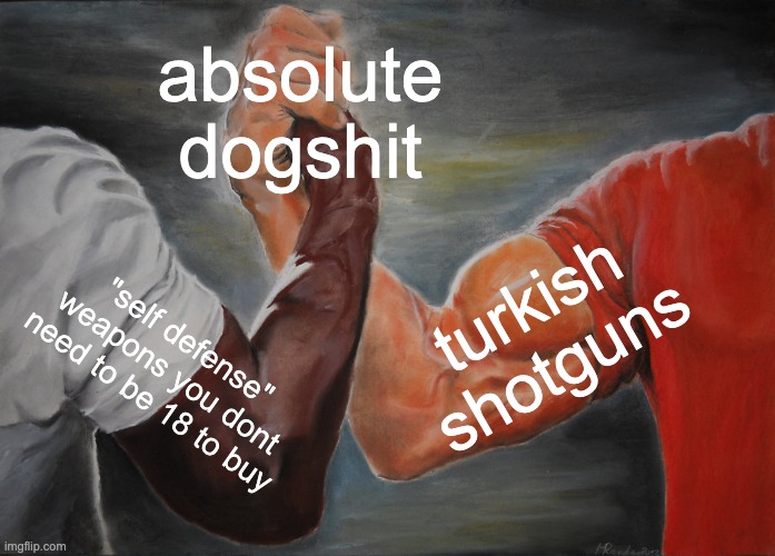 the first gen JTS12 is the only exeption | absolute dogshit; turkish shotguns; "self defense" weapons you dont need to be 18 to buy | image tagged in memes,epic handshake | made w/ Imgflip meme maker