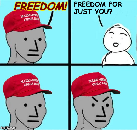 'Freedom for some' is called fascism. | FREEDOM FOR
JUST YOU? FREEDOM! | image tagged in maga npc an an0nym0us template,memes,freedom,fascism | made w/ Imgflip meme maker
