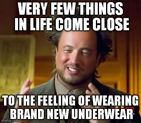 Ancient Aliens Meme | VERY FEW THINGS IN LIFE COME CLOSE TO THE FEELING OF WEARING BRAND NEW UNDERWEAR | image tagged in memes,ancient aliens | made w/ Imgflip meme maker
