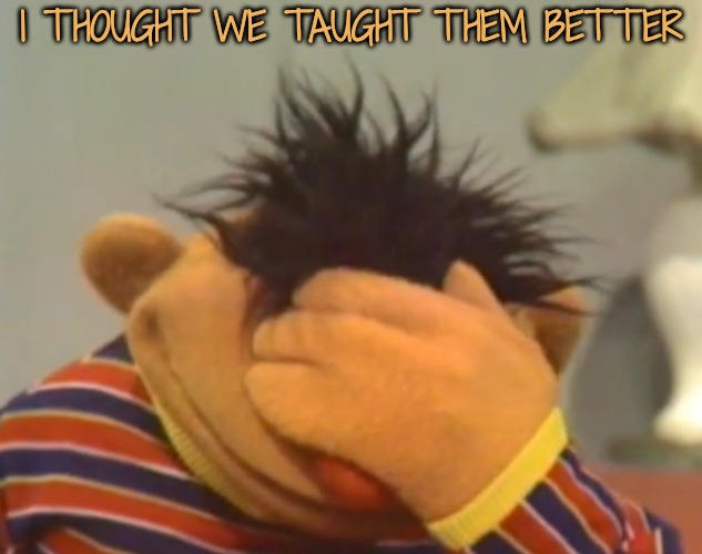 Ernie doh | I THOUGHT WE TAUGHT THEM BETTER | image tagged in ernie doh | made w/ Imgflip meme maker