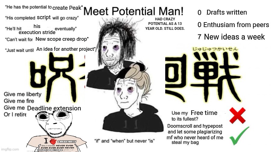 Potential Man | create Peak"; Drafts written; script; Enthusiam from peers; HAD CRAZY POTENTIAL AS A 13 YEAR OLD. STILL DOES. his execution stride; New ideas a week; New scope creep drop"; An idea for another project"; Deadline extension; Free time; Doomscroll and hypepost and let some plagiarizing mf who never heard of me | image tagged in potential man | made w/ Imgflip meme maker