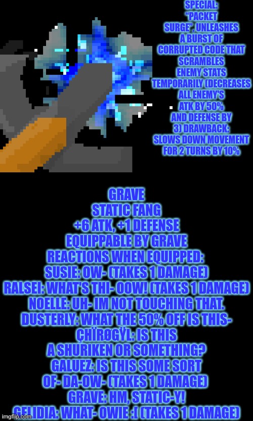 mmmh tasty | SPECIAL: “PACKET SURGE”, UNLEASHES A BURST OF CORRUPTED CODE THAT SCRAMBLES ENEMY STATS TEMPORARILY (DECREASES ALL ENEMY'S ATK BY 50% AND DEFENSE BY 3) DRAWBACK: SLOWS DOWN MOVEMENT FOR 2 TURNS BY 10%; GRAVE
STATIC FANG
+6 ATK, +1 DEFENSE
EQUIPPABLE BY GRAVE
REACTIONS WHEN EQUIPPED: 
SUSIE: OW- (TAKES 1 DAMAGE)
RALSEI: WHAT'S THI- OOW! (TAKES 1 DAMAGE)
NOELLE: UH- IM NOT TOUCHING THAT.
DUSTERLY: WHAT THE 50% OFF IS THIS-
ÇHÏRØGŸL: IS THIS A SHURIKEN OR SOMETHING?
GALUEZ: IS THIS SOME SORT OF- DA-OW- (TAKES 1 DAMAGE) 
GRAVE: HM, STATIC-Y!
GELIDIA: WHAT- OWIE :[ (TAKES 1 DAMAGE) | image tagged in deltarune,oc | made w/ Imgflip meme maker