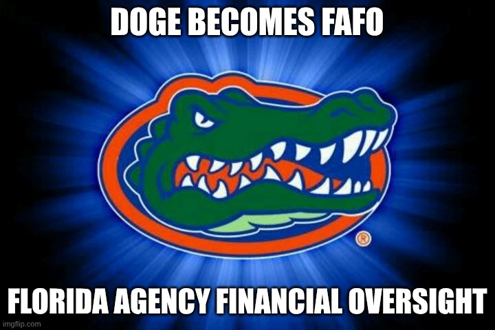 FL F.A.F.O. | DOGE BECOMES FAFO; FLORIDA AGENCY FINANCIAL OVERSIGHT | image tagged in florida gators logo,fafo,doge | made w/ Imgflip meme maker
