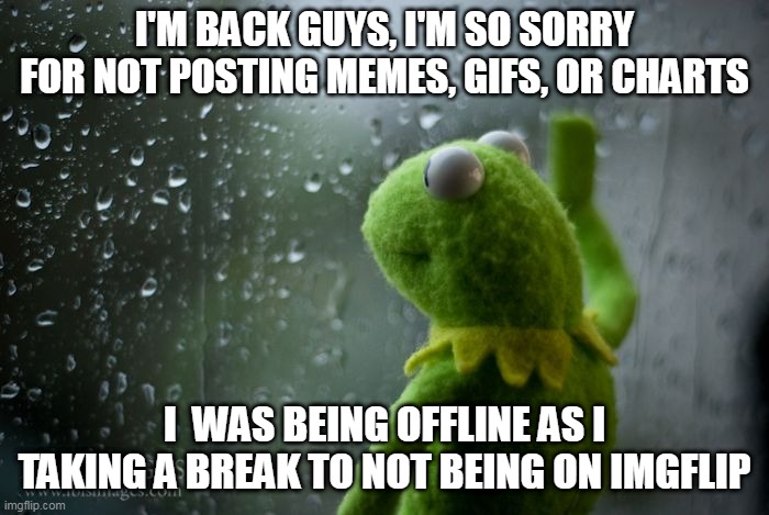 not to being online but still on imgflip a bit | I'M BACK GUYS, I'M SO SORRY FOR NOT POSTING MEMES, GIFS, OR CHARTS; I  WAS BEING OFFLINE AS I TAKING A BREAK TO NOT BEING ON IMGFLIP | image tagged in kermit window | made w/ Imgflip meme maker