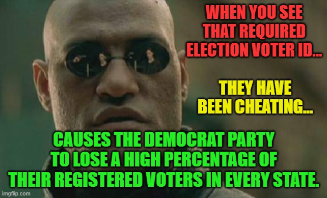 Matrix Morpheus | WHEN YOU SEE THAT REQUIRED ELECTION VOTER ID... THEY HAVE BEEN CHEATING... CAUSES THE DEMOCRAT PARTY TO LOSE A HIGH PERCENTAGE OF THEIR REGISTERED VOTERS IN EVERY STATE. | image tagged in memes,matrix morpheus | made w/ Imgflip meme maker