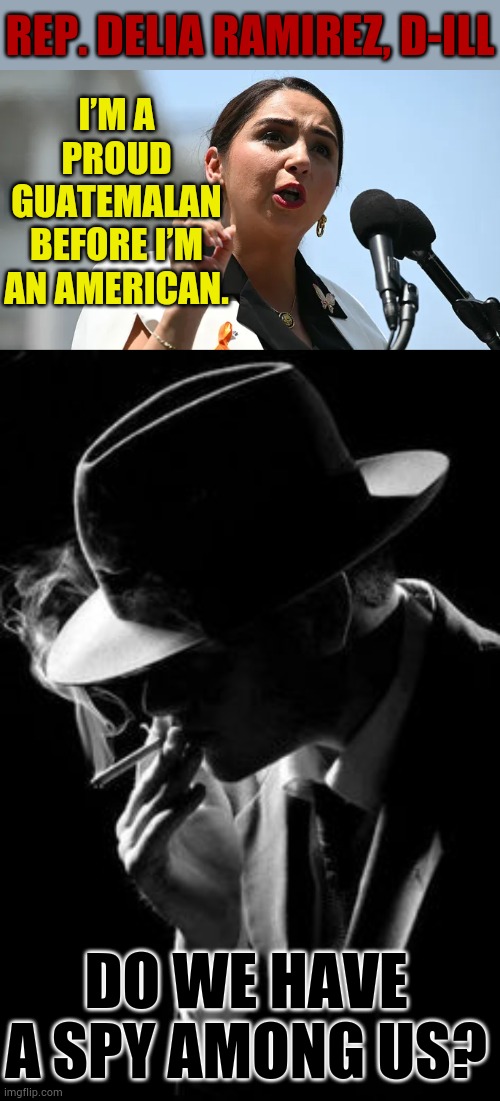 Do We Have A Spy Among Us? | I’M A PROUD GUATEMALAN BEFORE I’M AN AMERICAN. REP. DELIA RAMIREZ, D-ILL; DO WE HAVE A SPY AMONG US? | image tagged in vintage smoking detective,spy,among us,question,politics,memes | made w/ Imgflip meme maker