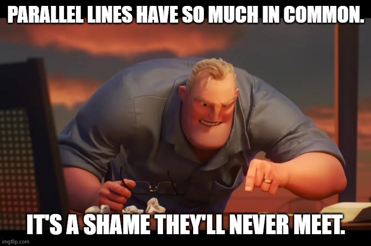 Daily Bad Dad Joke August 5, 2025 | PARALLEL LINES HAVE SO MUCH IN COMMON. IT'S A SHAME THEY'LL NEVER MEET. | image tagged in math is math | made w/ Imgflip meme maker