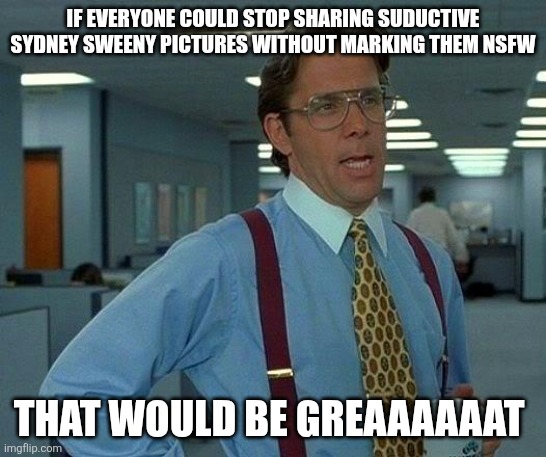 Come on, people | IF EVERYONE COULD STOP SHARING SUDUCTIVE SYDNEY SWEENY PICTURES WITHOUT MARKING THEM NSFW; THAT WOULD BE GREAAAAAAT | image tagged in memes,that would be great,sydney | made w/ Imgflip meme maker