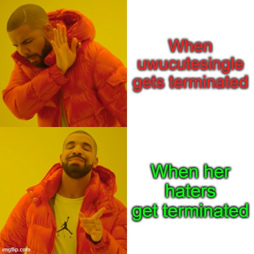 Terminated... | When uwucutesingle gets terminated; When her haters get terminated | image tagged in memes,drake hotline bling | made w/ Imgflip meme maker