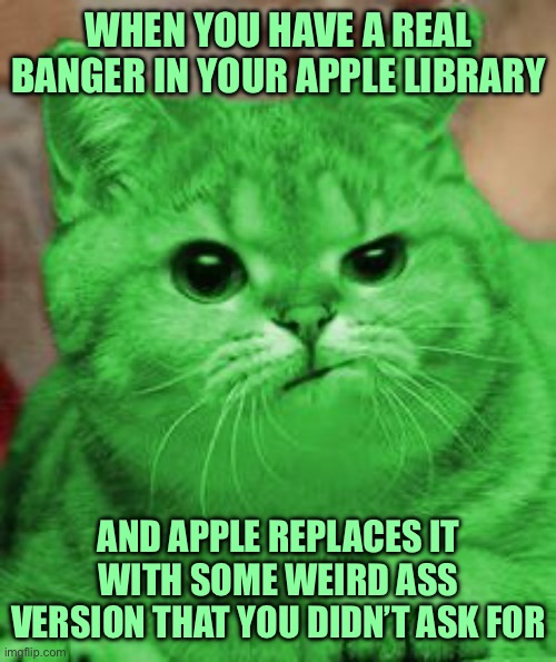 RayCat Annoyed | WHEN YOU HAVE A REAL BANGER IN YOUR APPLE LIBRARY; AND APPLE REPLACES IT WITH SOME WEIRD ASS VERSION THAT YOU DIDN’T ASK FOR | image tagged in raycat annoyed | made w/ Imgflip meme maker