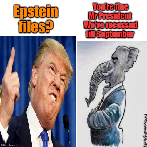 Blank Transparent Square Meme | Epstein files? You're fine Mr President 
We've recessed till September | image tagged in memes,blank transparent square | made w/ Imgflip meme maker