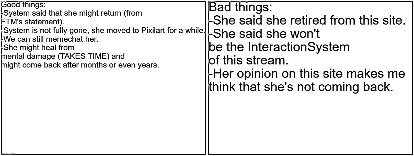 Add more things in the comments. | Good things:
-System said that she might return (from FTM's statement).
-System is not fully gone, she moved to Pixilart for a while.
-We can still memechat her.
-She might heal from mental damage (TAKES TIME) and might come back after months or even years. Bad things:
-She said she retired from this site.
-She said she won't be the InteractionSystem of this stream.
-Her opinion on this site makes me think that she's not coming back. | image tagged in memes,blank comic panel 2x1,interactionsystem | made w/ Imgflip meme maker
