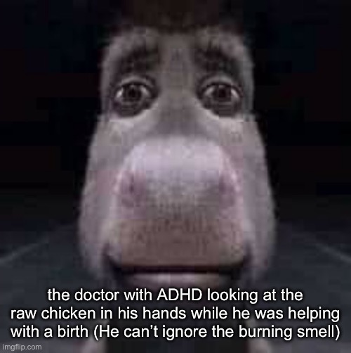 Rot in hell | the doctor with ADHD looking at the raw chicken in his hands while he was helping with a birth (He can’t ignore the burning smell) | image tagged in donkey staring,memes,shitpost | made w/ Imgflip meme maker