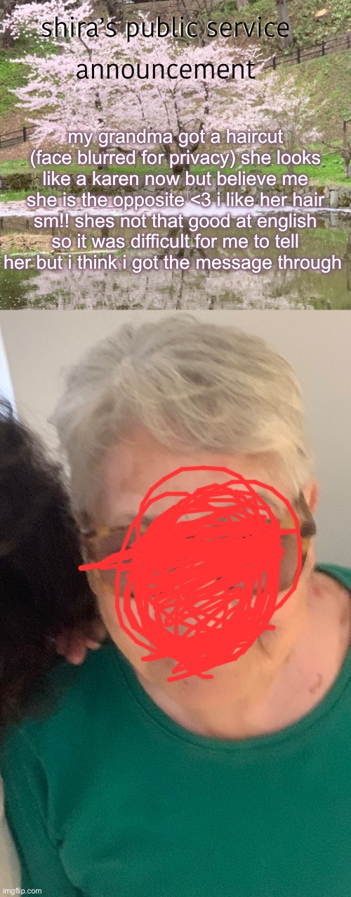 she’s smiling in the photo | my grandma got a haircut (face blurred for privacy) she looks like a karen now but believe me she is the opposite <3 i like her hair sm!! shes not that good at english so it was difficult for me to tell her but i think i got the message through | image tagged in shira s psa | made w/ Imgflip meme maker