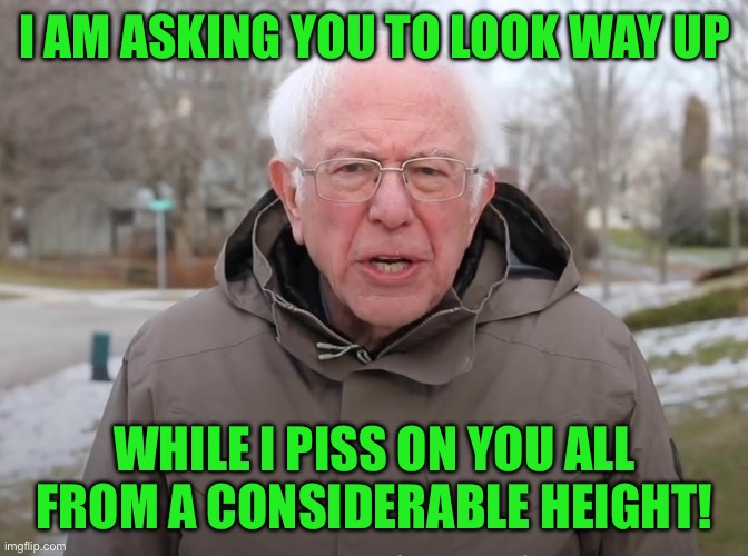 Bernie Sanders Once Again Asking | I AM ASKING YOU TO LOOK WAY UP; WHILE I PISS ON YOU ALL FROM A CONSIDERABLE HEIGHT! | image tagged in bernie sanders once again asking | made w/ Imgflip meme maker
