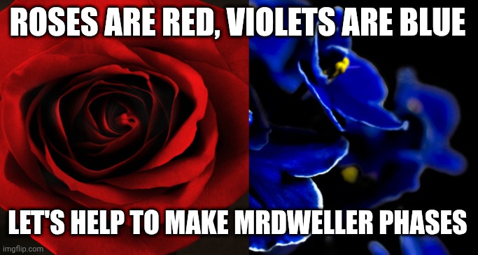 This is needs help | ROSES ARE RED, VIOLETS ARE BLUE; LET'S HELP TO MAKE MRDWELLER PHASES | image tagged in roses are red violets are blue | made w/ Imgflip meme maker