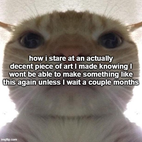 hm | how i stare at an actually decent piece of art I made knowing I wont be able to make something like this again unless I wait a couple months | image tagged in staring cat/gusic | made w/ Imgflip meme maker