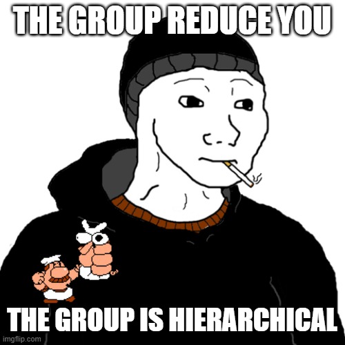 reduce you | THE GROUP REDUCE YOU; THE GROUP IS HIERARCHICAL | image tagged in doomer | made w/ Imgflip meme maker