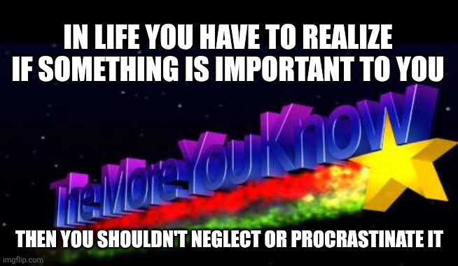 The More You Know | IN LIFE YOU HAVE TO REALIZE IF SOMETHING IS IMPORTANT TO YOU; THEN YOU SHOULDN'T NEGLECT OR PROCRASTINATE IT | image tagged in the more you know | made w/ Imgflip meme maker