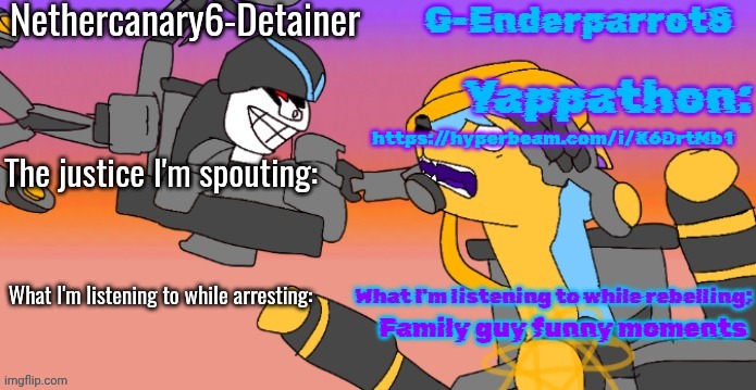 Nethercanary and Enderparrot announcement | https://hyperbeam.com/i/K6DrtMb1; Family guy funny moments | image tagged in nethercanary and enderparrot announcement | made w/ Imgflip meme maker