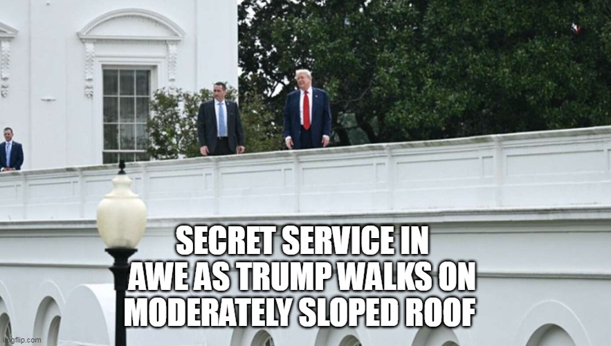 SECRET SERVICE IN AWE AS TRUMP WALKS ON MODERATELY SLOPED ROOF | made w/ Imgflip meme maker