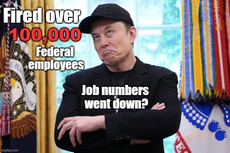 Job numbers went down??? | Fired over; 100,000; Federal 
employees; Job numbers 
went down? | image tagged in elon musk,donald trump,trump | made w/ Imgflip meme maker