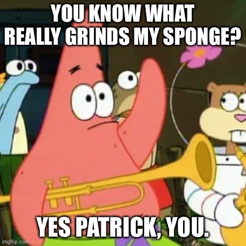 No Patrick Meme | YOU KNOW WHAT REALLY GRINDS MY SPONGE? YES PATRICK, YOU. | image tagged in memes,no patrick | made w/ Imgflip meme maker