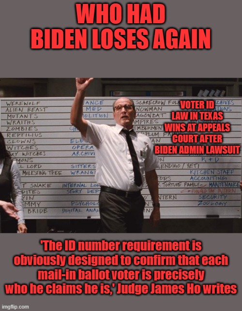 Out of office & still a loser | WHO HAD BIDEN LOSES AGAIN; VOTER ID LAW IN TEXAS WINS AT APPEALS COURT AFTER BIDEN ADMIN LAWSUIT; 'The ID number requirement is obviously designed to confirm that each mail-in ballot voter is precisely who he claims he is,' Judge James Ho writes | image tagged in cabin the the woods | made w/ Imgflip meme maker
