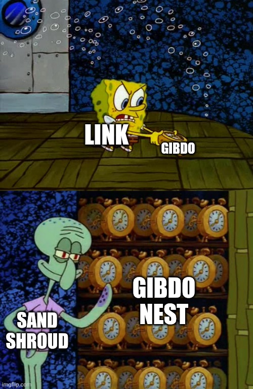 Spongebob vs Squidward Alarm Clocks | GIBDO; LINK; GIBDO NEST; SAND SHROUD | image tagged in spongebob vs squidward alarm clocks,zelda | made w/ Imgflip meme maker