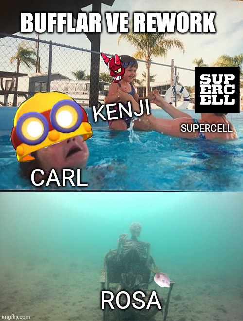 Mother Ignoring Kid Drowning In A Pool | BUFFLAR VE REWORK; KENJI; SUPERCELL; CARL; ROSA | image tagged in mother ignoring kid drowning in a pool | made w/ Imgflip meme maker